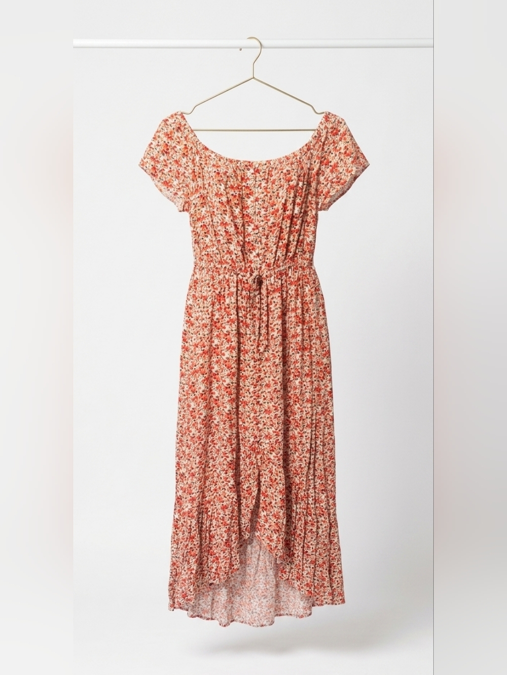 Floral Off-Shoulder Midi Dress in Coral